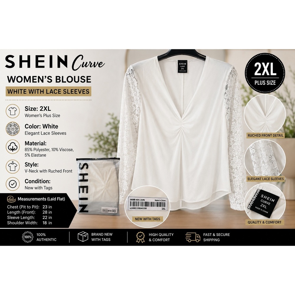 SHEIN CURVE Women's Wt V-Neck Lace Long Sleeve Blouse Top Size 2XL Plus Stretch